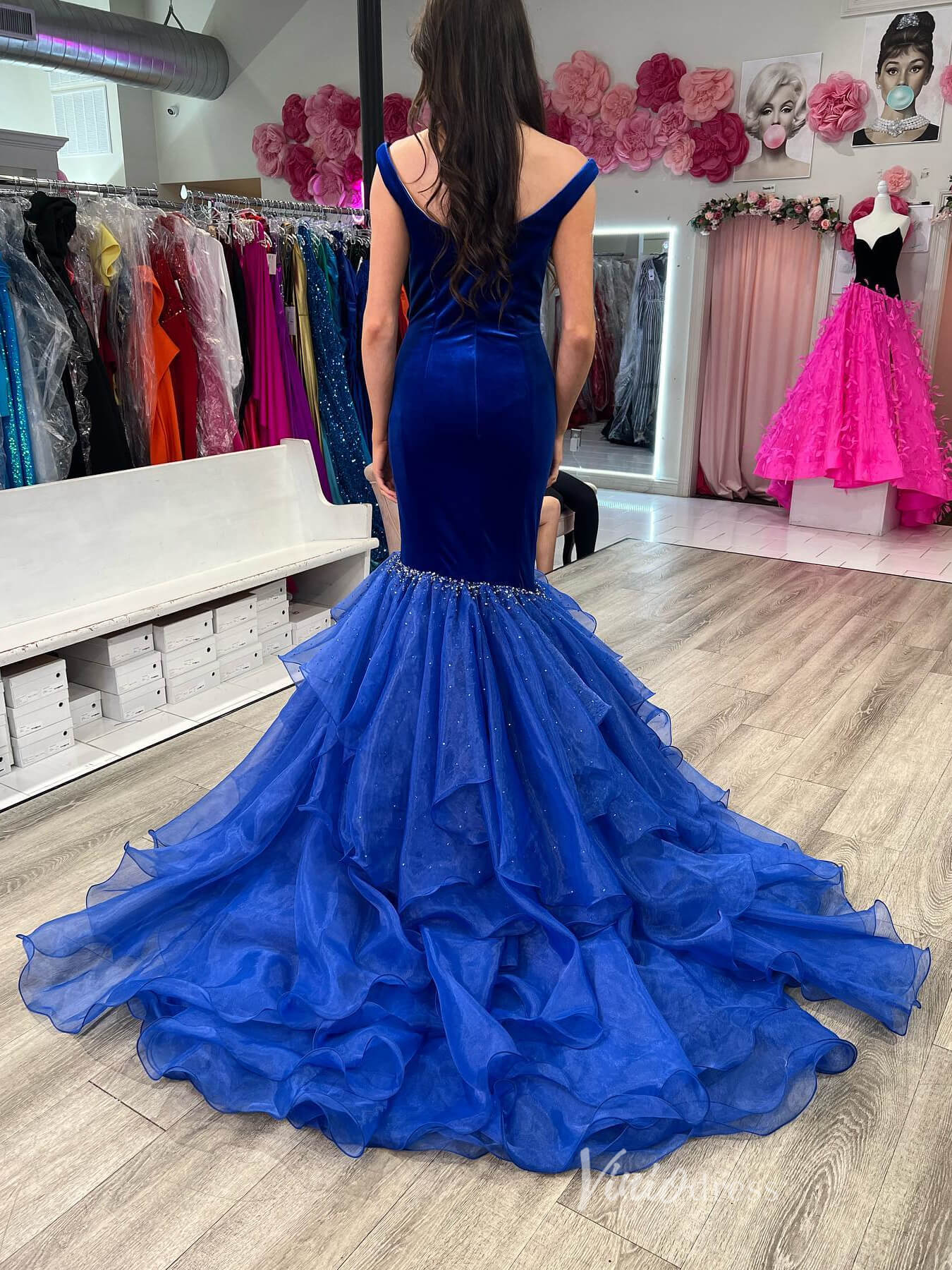 Black and White Velvet Mermaid Prom Dresses Ruffled Off the Shoulder Formal Gown FD4064 - Viniodressprom dressesRoyal BlueCustom Size - Formal Dresses - Ball Gowns