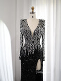 Prom Dress 2025 Black Beaded V-Neck Prom Dresses with Slit Sequin Long Sleeve Open Back Pageant Dress AD1175-unique prom dresses-Black-US 2-Viniodress