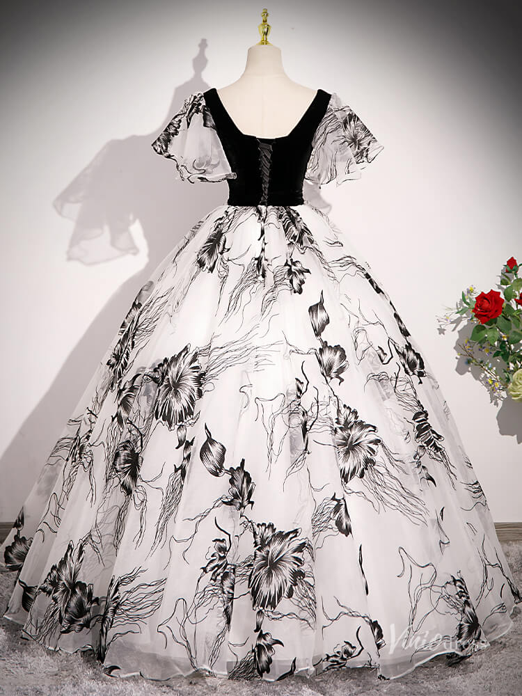 Black Floral Prom Dresses with Puffed Sleeves, Corset Back Quinceanera Dresses BG050 - Viniodressprom dressesBlackCustom Size - Formal Dresses - Ball Gowns