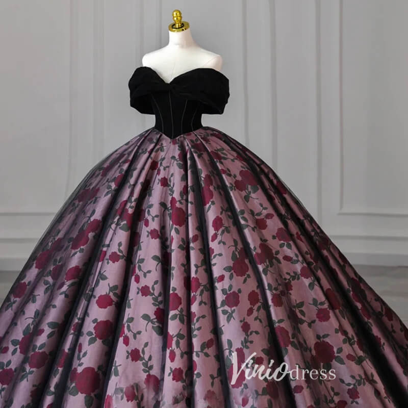 Prom Dress 2025 Black Floral Satin Prom Ball Gown Off the Shoulder Formal Dress FD3249-unique prom dresses-Black-Custom Size-Viniodress