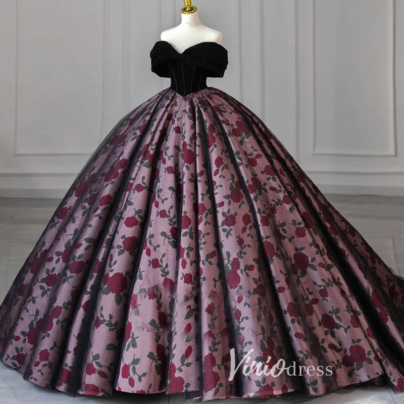 Prom Dress 2025 Black Floral Satin Prom Ball Gown Off the Shoulder Formal Dress FD3249-unique prom dresses-Black-Custom Size-Viniodress