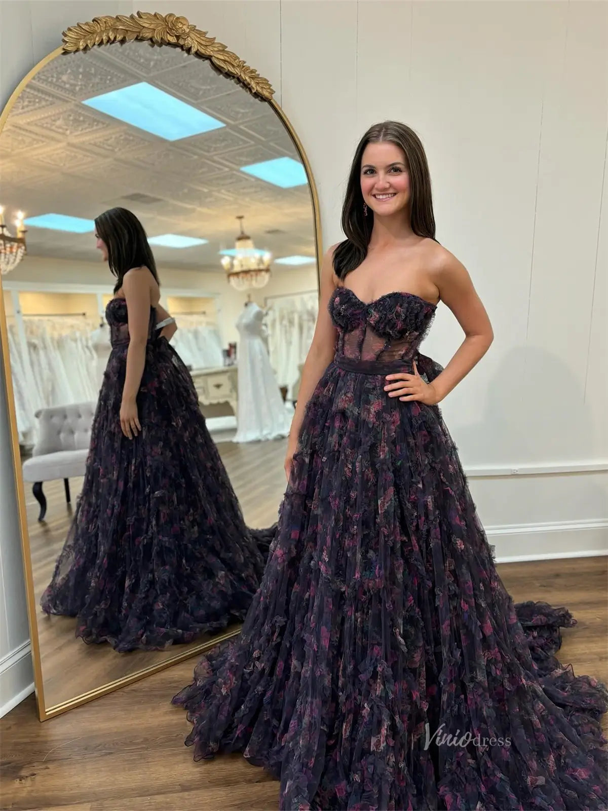 prom dresses 2025 Black Floral Tulle Ruffled Prom Dresses with Sweetheart Neckline & Sheer Boned Bodice - FD5312-plus size wedding dresses Viniodress-Black-Custom Size-