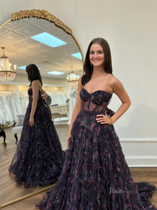 Black Floral Tulle Ruffled Prom Dresses with Sweetheart Neckline & Sheer Boned Bodice - FD5312 - Viniodressprom dressesBlackCustom Size - Formal Dresses - Ball Gowns