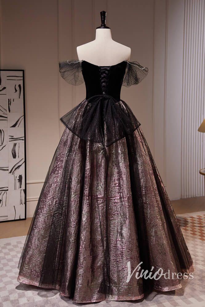 Black Jacquard Satin Prom Dresses Off the Shoulder Formal Dress AD1049 - Viniodressprom dressesBlackCustom Size - Formal Dresses - Ball Gowns