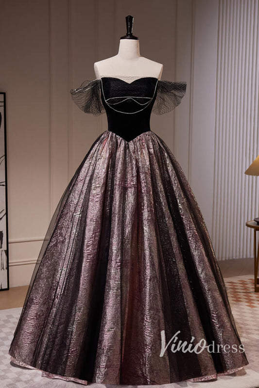 Black Jacquard Satin Prom Dresses Off the Shoulder Formal Dress AD1049 - Viniodressprom dressesBlackCustom Size - Formal Dresses - Ball Gowns