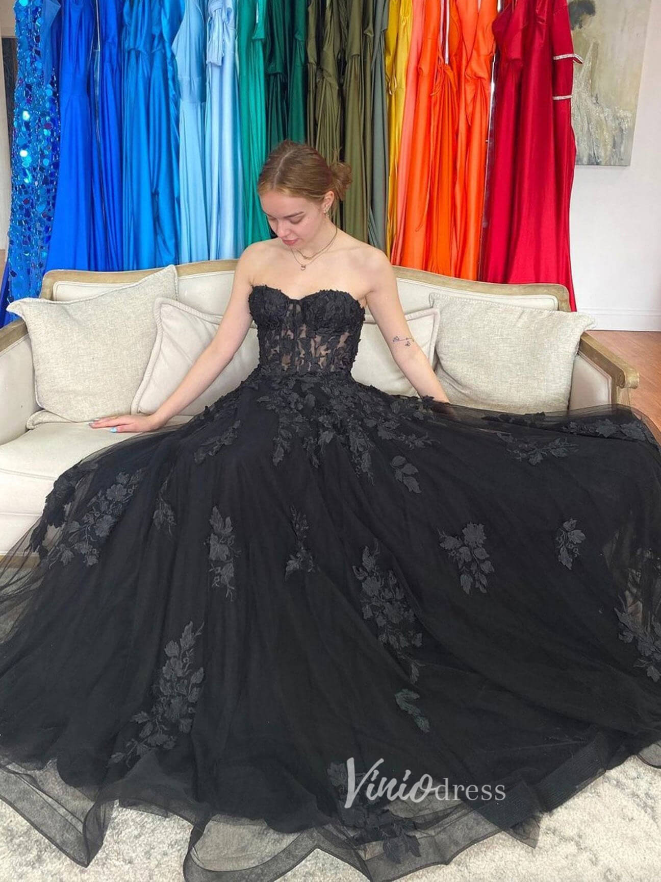 Prom Dress 2025 Black Lace Applique Prom Dresses Strapless Evening Dress FD3086-unique prom dresses-Black-Custom Size-Viniodress