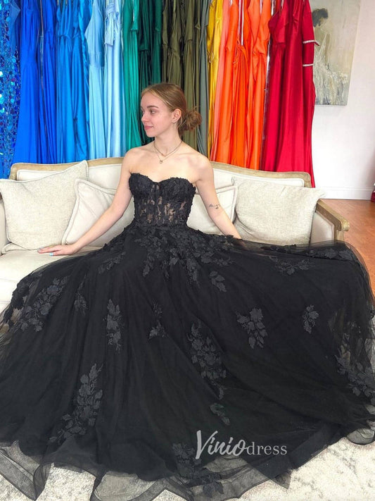 Prom Dress 2025 Black Lace Applique Prom Dresses Strapless Evening Dress FD3086-unique prom dresses-Black-Custom Size-Viniodress