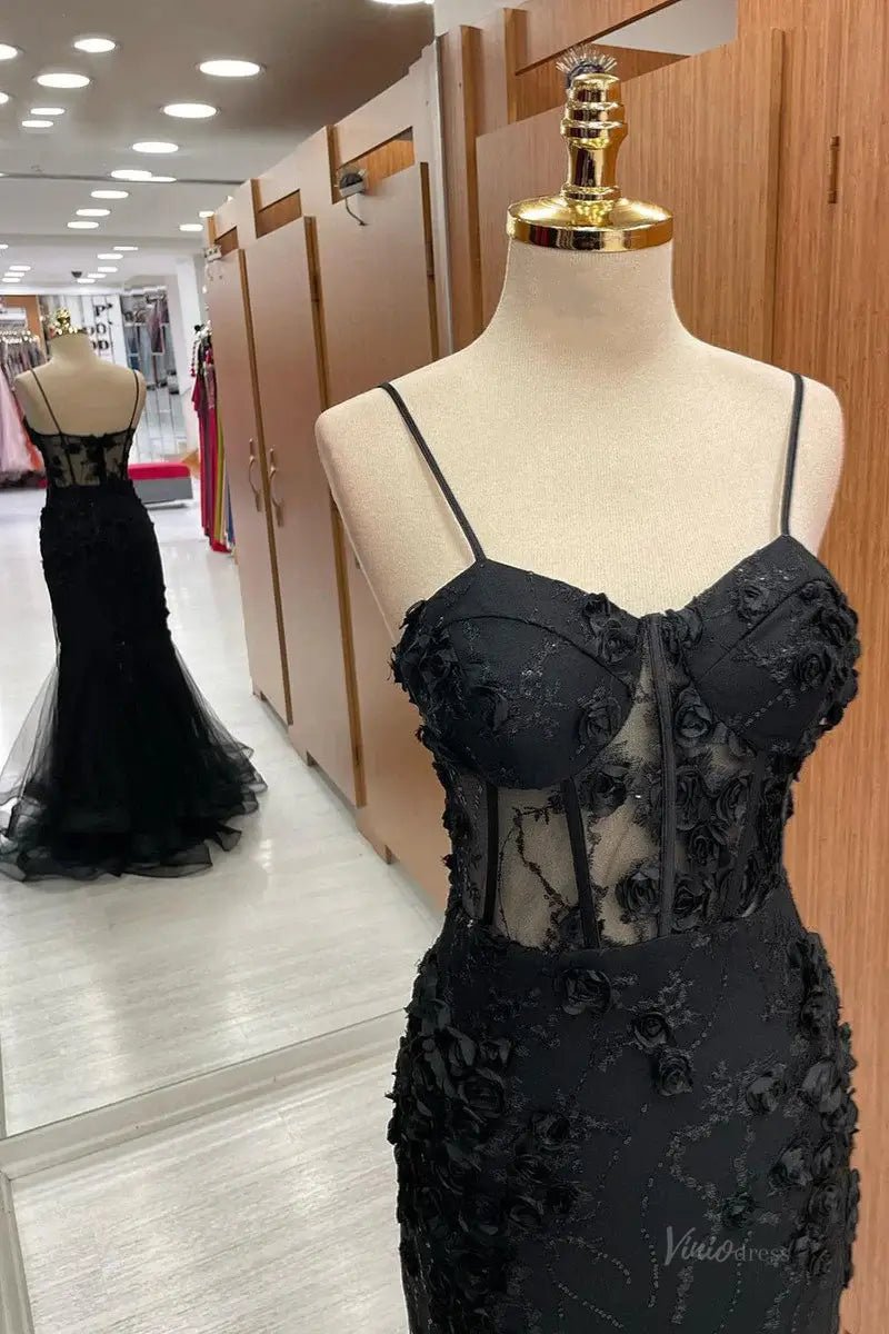 Black Lace Mermaid Prom Dresses 2025 with Spaghetti Strap & 3D Flower – FD5076 - Viniodressprom dressesBlackCustom Size - Formal Dresses - Ball Gowns