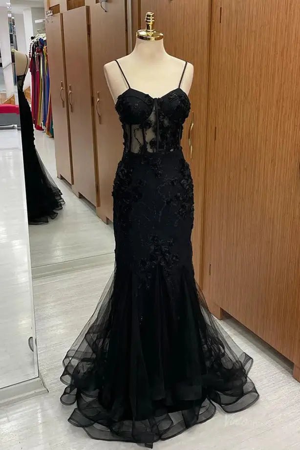 Black Lace Mermaid Prom Dresses 2025 with Spaghetti Strap & 3D Flower – FD5076 - Viniodressprom dressesBlackCustom Size - Formal Dresses - Ball Gowns