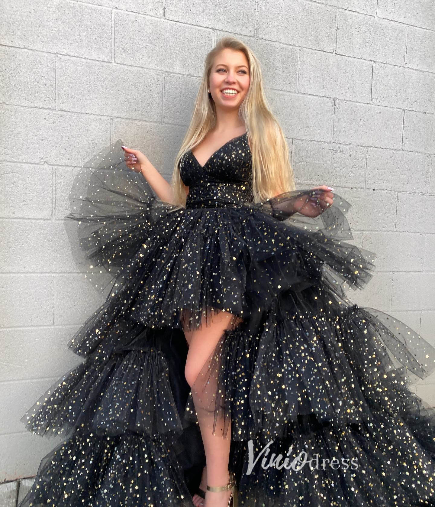 Prom Dress 2025 Black Layered Ruffle High Low Prom Dresses Spaghetti Strap Evening Gown FD3052-unique prom dresses-Black-Custom Size-Viniodress