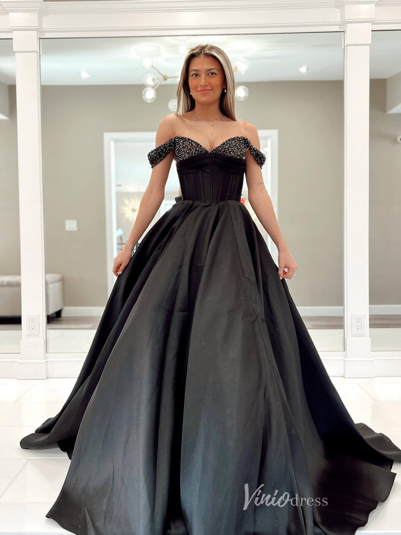 Black Off the Shoulder Satin Prom Dresses Boned Bodice Beaded Neckline FD3974 - Viniodressprom dressesBlackCustom Size - Formal Dresses - Ball Gowns