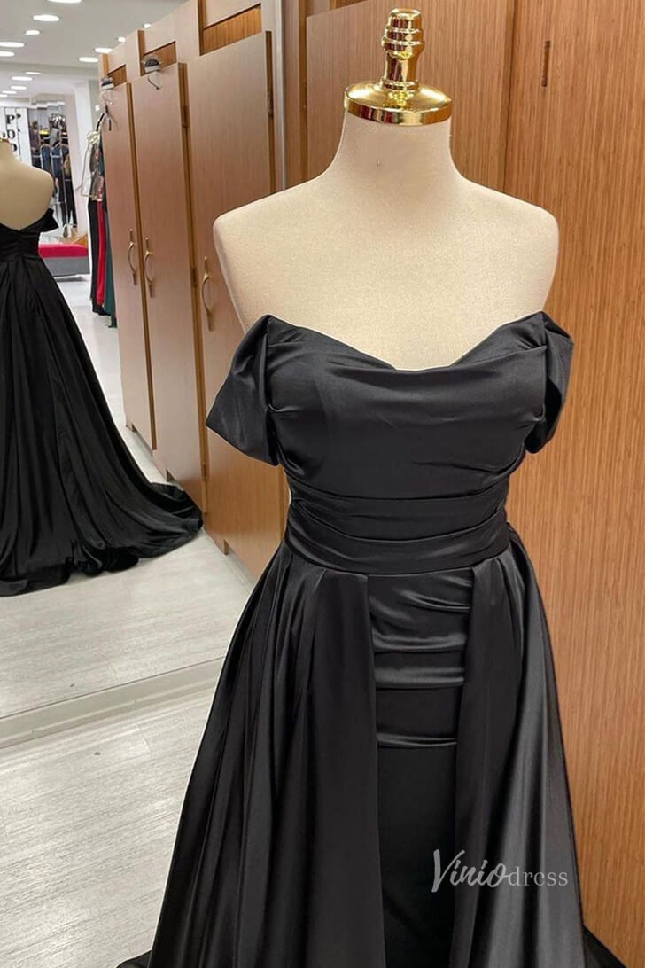 Black Off the Shoulder Satin Prom Dresses Overskirt Cowl Neck FD3982 - Viniodressprom dressesBlackCustom Size - Formal Dresses - Ball Gowns