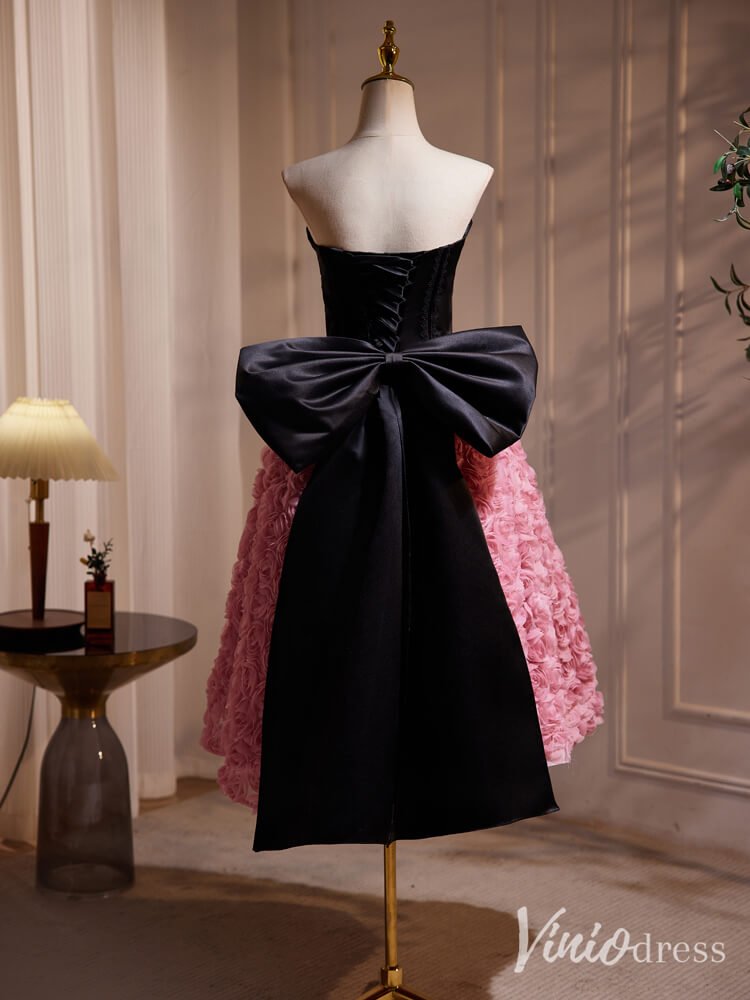 Black Pink Rosette Homecoming Dresses Strapless Bow Tie Tea Length Dress BJ038 - Viniodressprom dressesPinkCustom Size - Formal Dresses - Ball Gowns