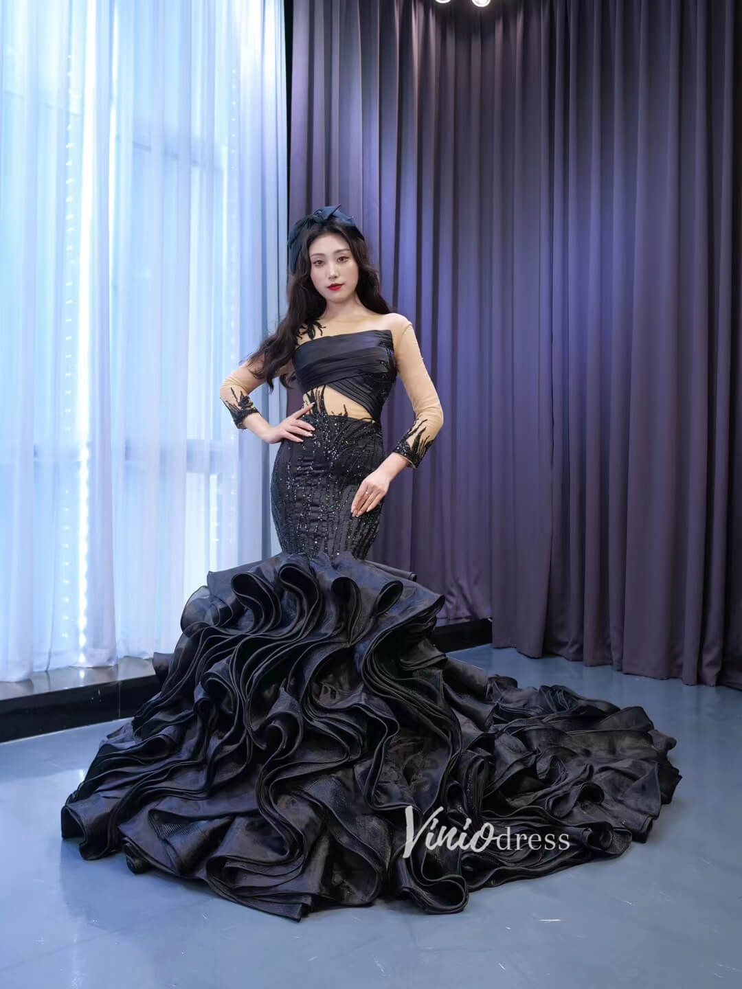 Prom Dress 2025 Black Ruffle Mermaid Wedding Dress Trumpet Pageant Dress 67499-unique prom dresses-Black-Custom Size-Viniodress