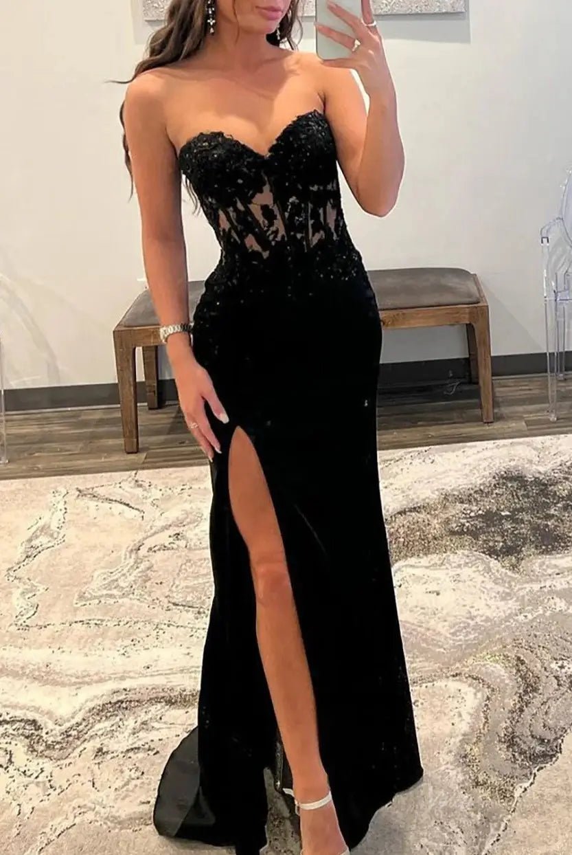 Black Satin Lace Mermaid Prom Dress 2025 with Sweetheart Neck & Slit – FD5016 - Viniodressprom dressesBlackCustom Size - Formal Dresses - Ball Gowns