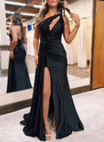 prom dresses 2025 Black Satin Mermaid Prom Dress 2025 with One Shoulder & Slit – FD5012-plus size wedding dresses Viniodress-Black-Custom Size-