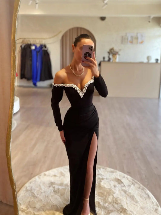 Black Satin Mermaid Prom Dresses 2025 Long Sleeve Formal Gown with High Slit FD5251 - Viniodressprom dressesBlackCustom Size - Formal Dresses - Ball Gowns