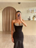 Black Satin Mermaid Prom Dresses 2025 Strapless Formal Gown with Beaded Sweetheart Neck FD5241