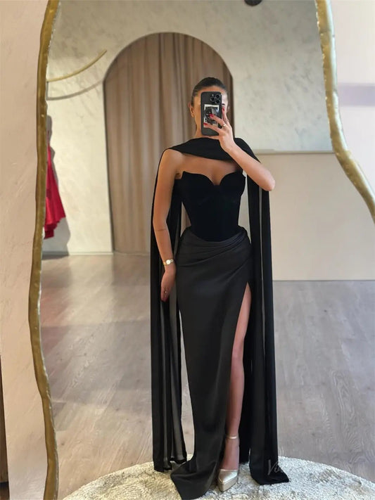 Black Satin Mermaid Prom Dresses 2025 with Shawl, Slit & Sweetheart Neck – FD5218 - Viniodressprom dressesBlackCustom Size - Formal Dresses - Ball Gowns