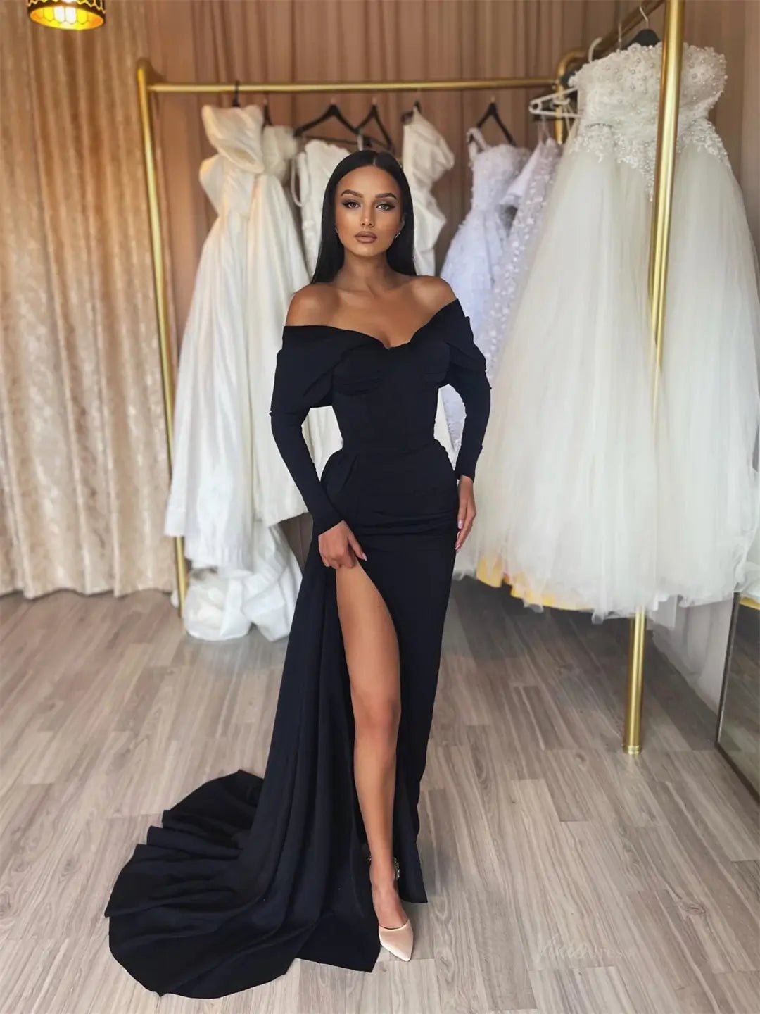 Black Satin Mermaid Prom Dresses 2025 with Slit & Long Sleeve – FD5219 - Viniodressprom dressesBlackCustom Size - Formal Dresses - Ball Gowns