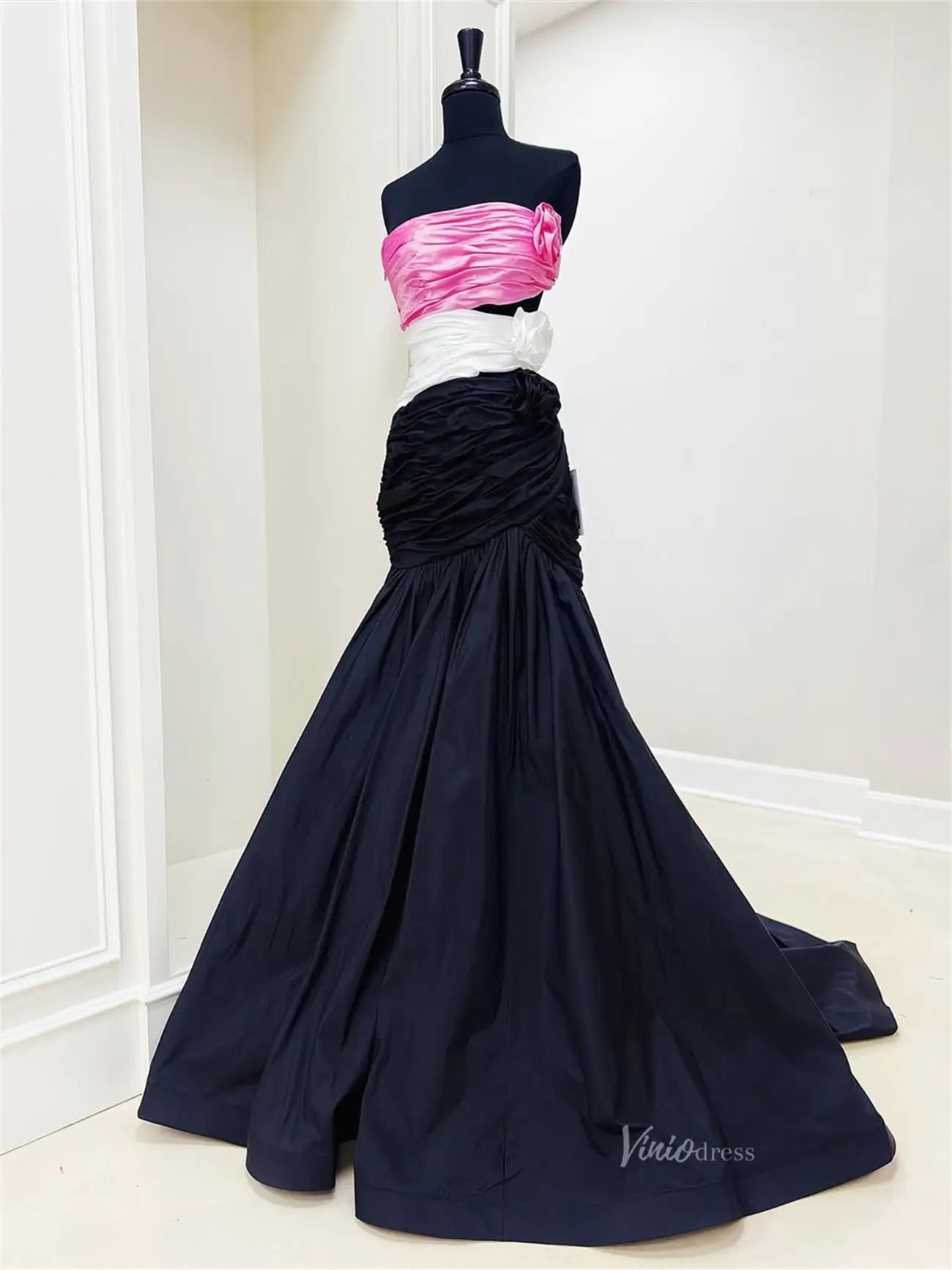 Black Satin Mermaid Prom Dresses with 3D Flower & Ruched Bodice - FD6044 - Viniodressprom dressesBlackCustom Size - Formal Dresses - Ball Gowns