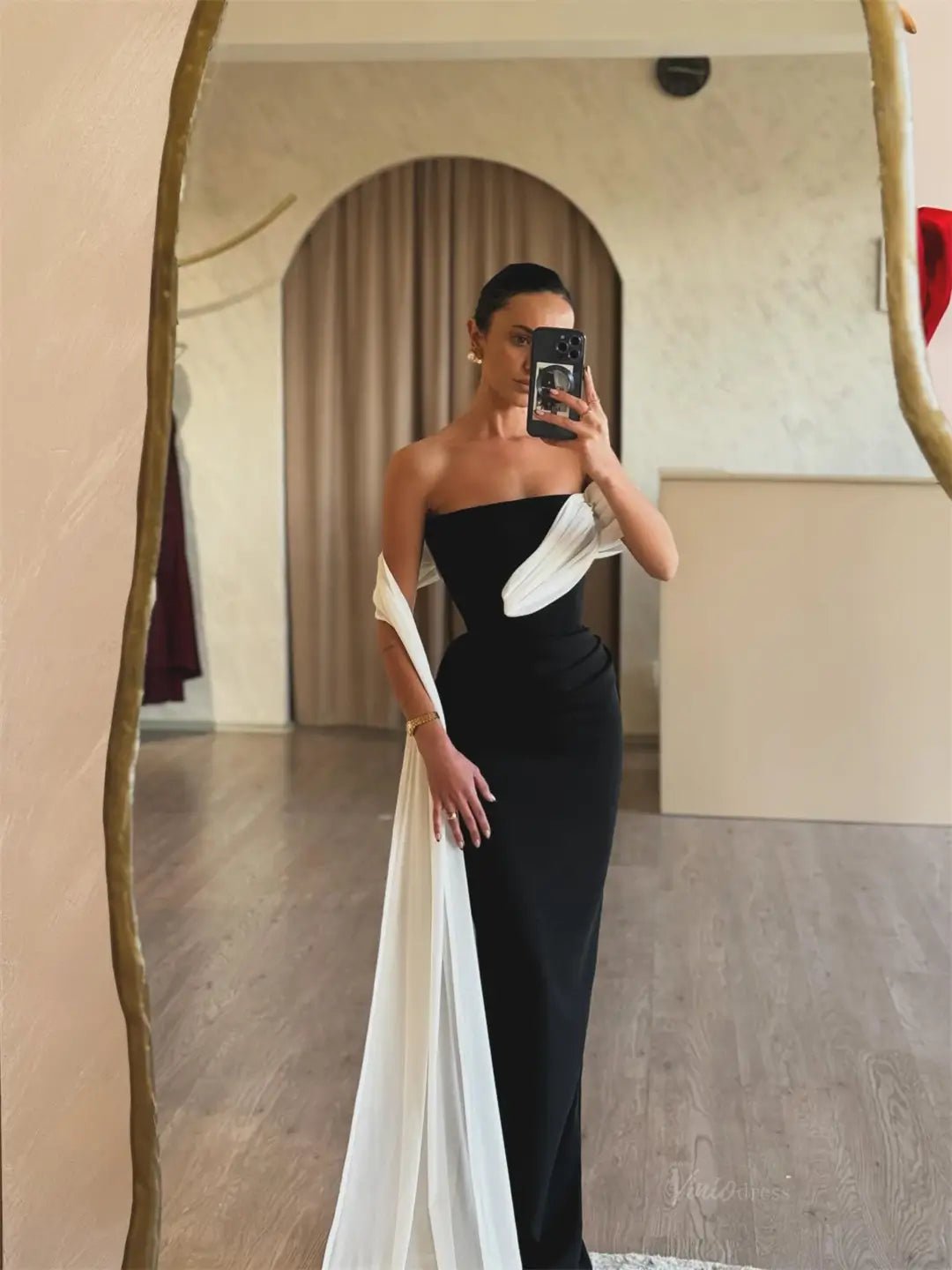 Black Satin Mermiad Prom Dresses 2025 Strapless Formal Dresses with Draped Sleeve FD5233 - Viniodressprom dressesBlackCustom Size - Formal Dresses - Ball Gowns