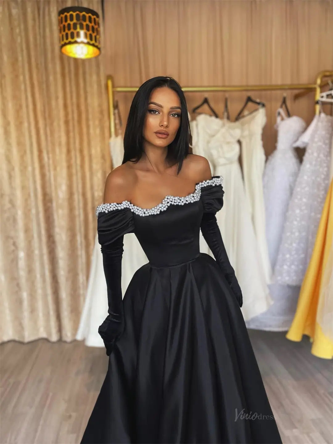 prom dresses 2025 Black Satin Off the Shoulder Prom Dresses 2025 with Glove & Beaded Neckline – FD5223-plus size wedding dresses Viniodress-Black-Custom Size-