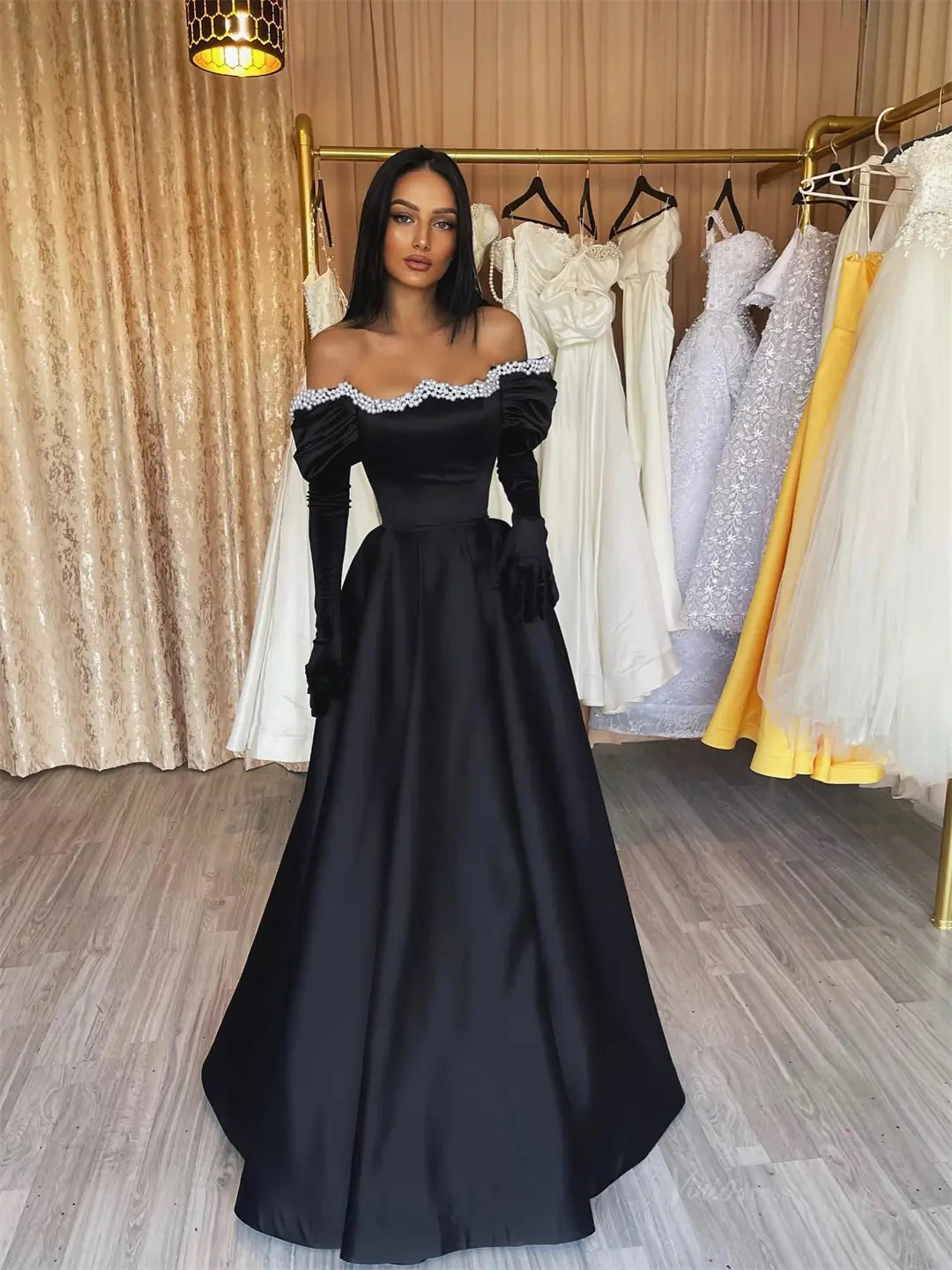 prom dresses 2025 Black Satin Off the Shoulder Prom Dresses 2025 with Glove & Beaded Neckline – FD5223-plus size wedding dresses Viniodress-Black-Custom Size-