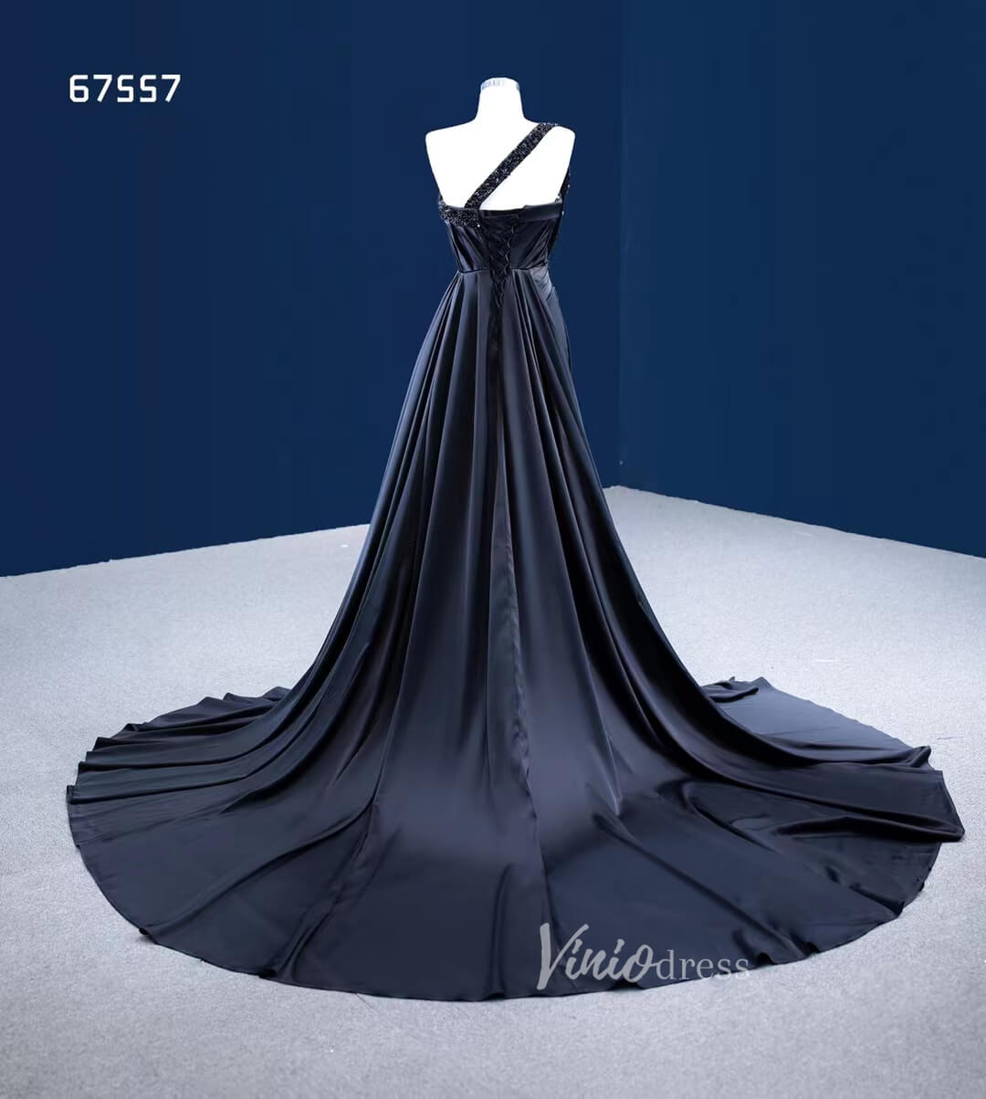 Prom Dress 2025 Black Satin Overskirt Wedding Dress One Shoulder Mermaid Pageant Dresses 67557-unique prom dresses-Black-Custom Size-Viniodress