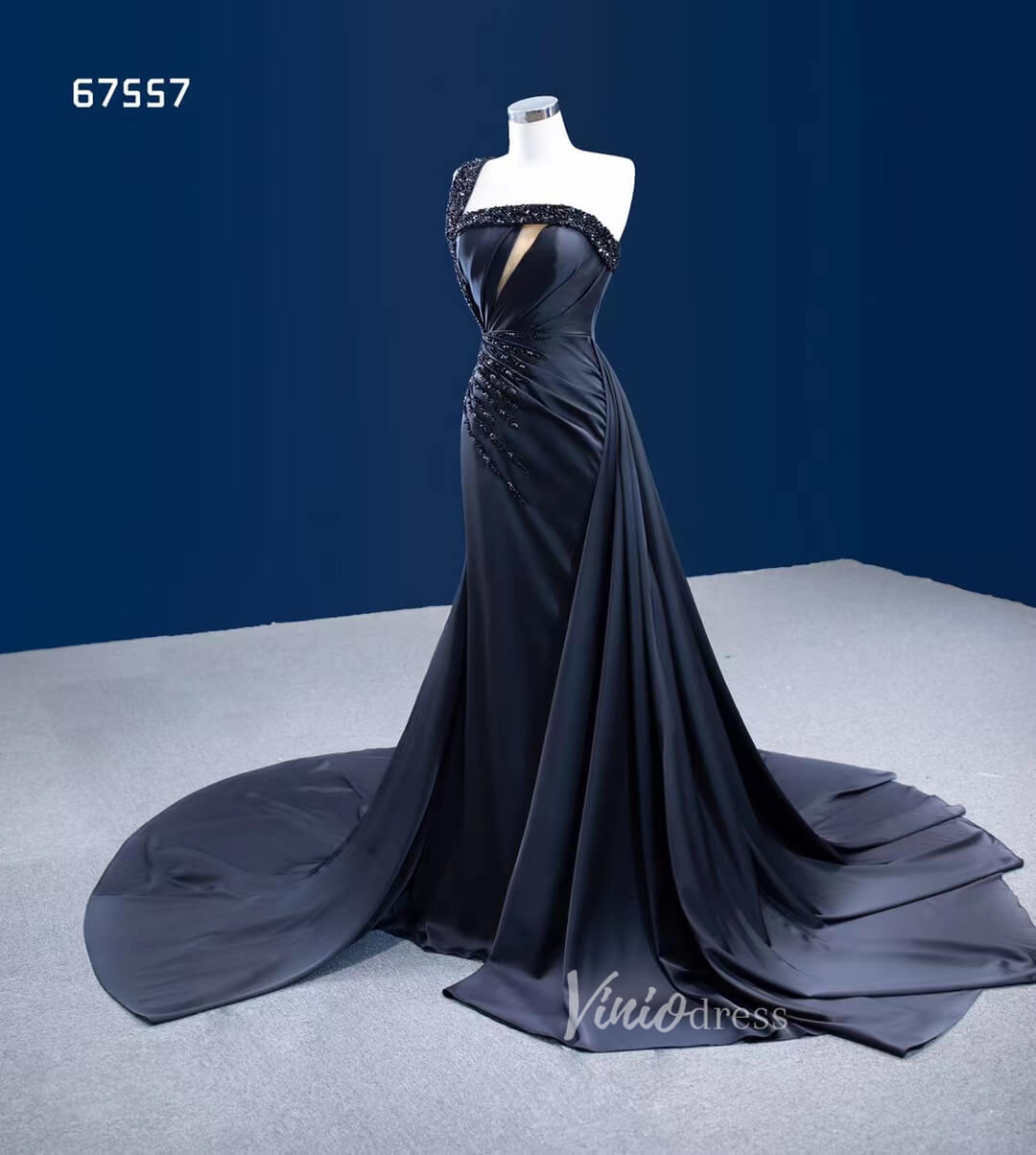 Prom Dress 2025 Black Satin Overskirt Wedding Dress One Shoulder Mermaid Pageant Dresses 67557-unique prom dresses-Black-Custom Size-Viniodress