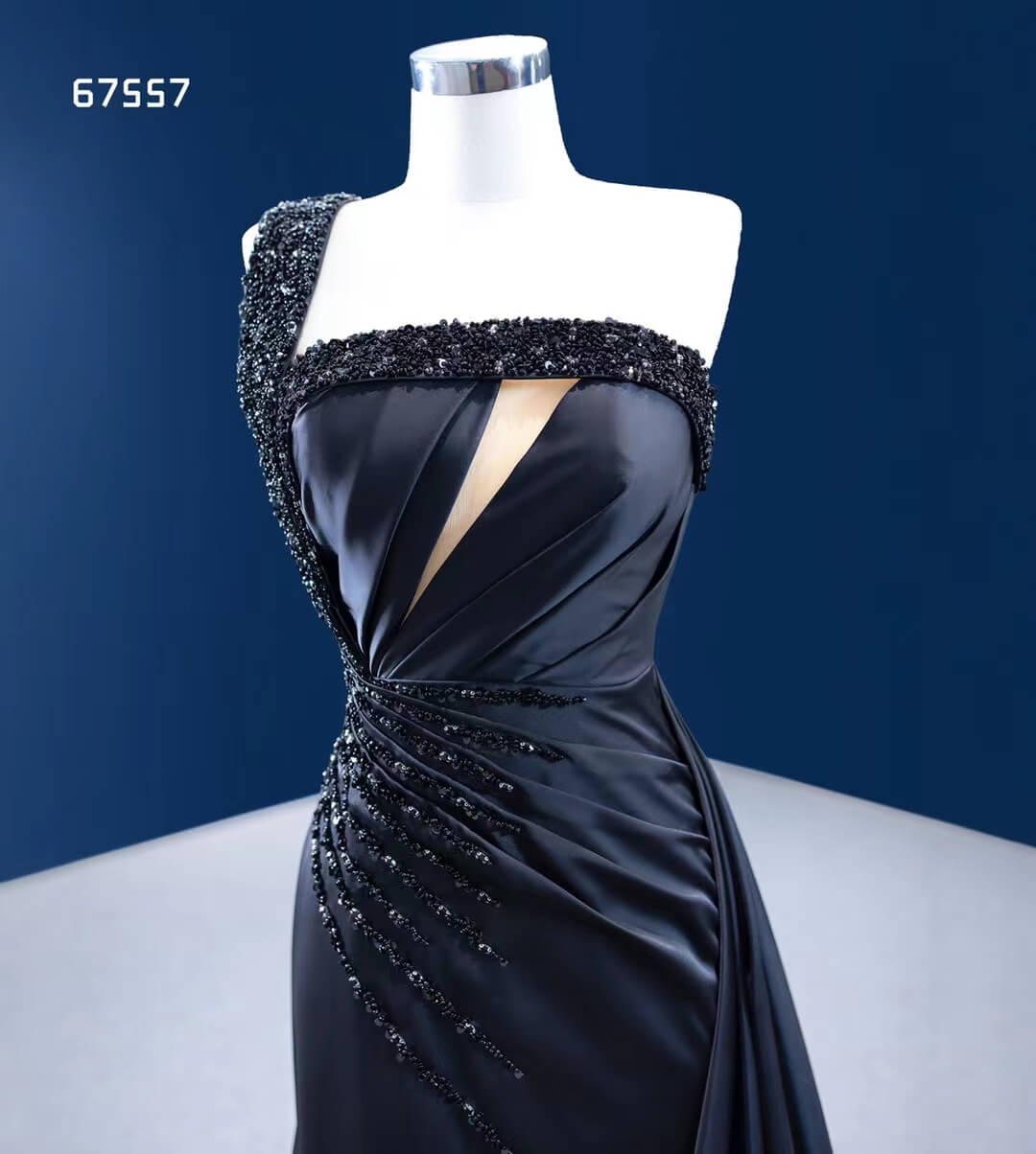 Prom Dress 2025 Black Satin Overskirt Wedding Dress One Shoulder Mermaid Pageant Dresses 67557-unique prom dresses-Black-Custom Size-Viniodress