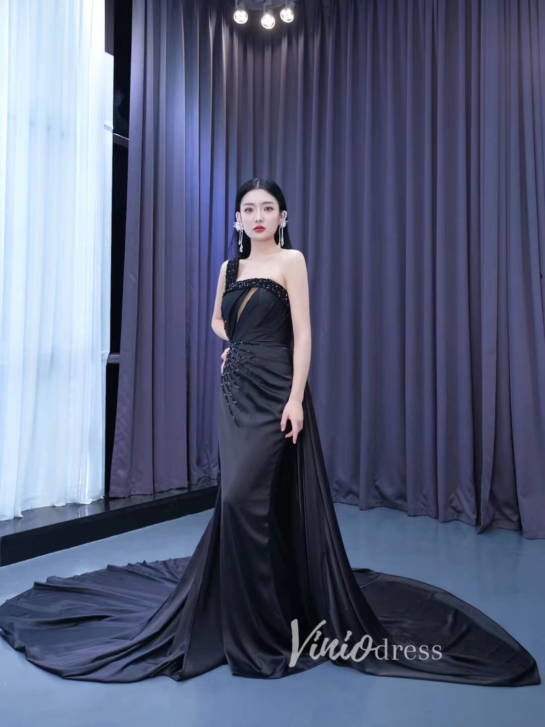 Prom Dress 2025 Black Satin Overskirt Wedding Dress One Shoulder Mermaid Pageant Dresses 67557-unique prom dresses-Black-Custom Size-Viniodress