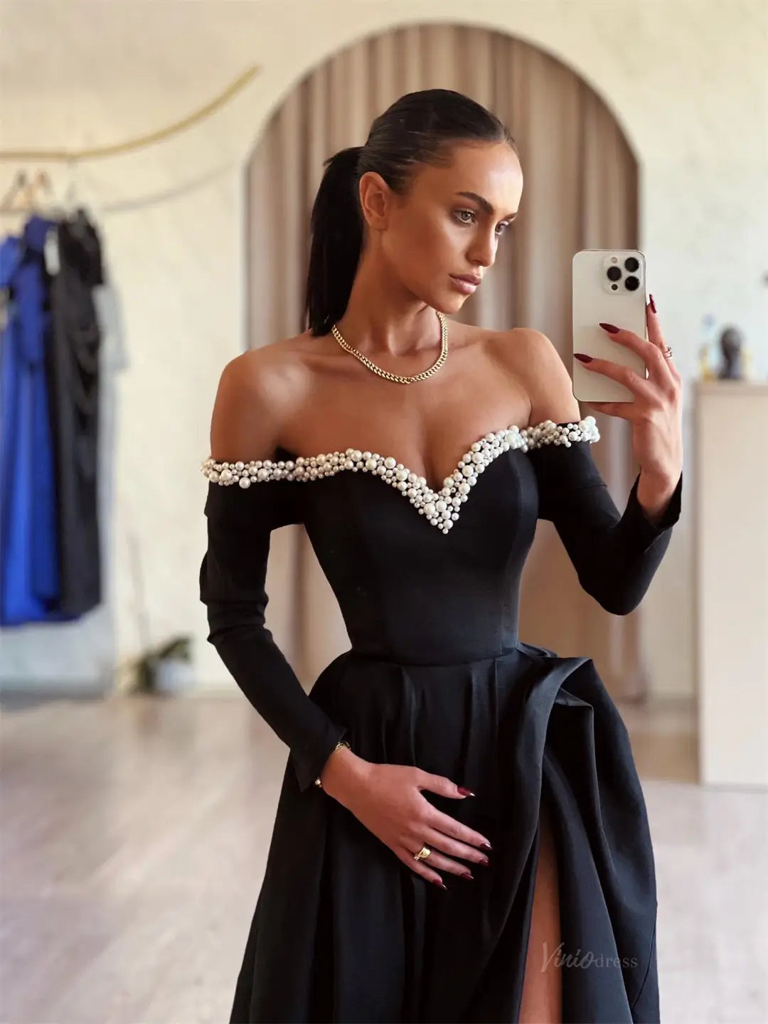 prom dresses 2025-to impress Black Satin Prom Dresses 2025 Off the Shoulder Long Sleeve Formal Gown with High Slit FD5252-plus size wedding dresses Viniodress-Black-Custom Size-