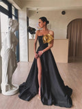 prom dresses 2025-to impress Black Satin Prom Dresses 2025 Strapless 3D Flower Formal Gown with High Slit FD5248-plus size wedding dresses Viniodress-Black-Custom Size-