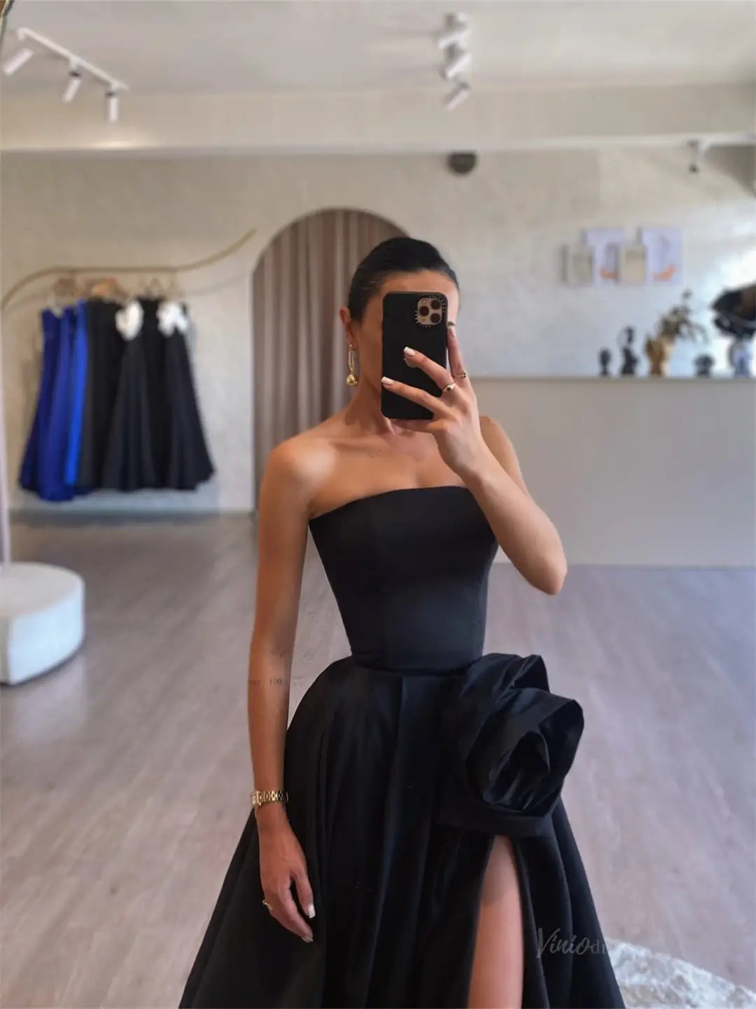 Black Satin Prom Dresses 2025 Strapless Formal Dress with High Slit & 3D Flower FD5239