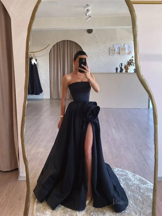 Black Satin Prom Dresses 2025 Strapless Formal Dress with High Slit & 3D Flower FD5239 - Viniodressprom dressesBlackCustom Size - Formal Dresses - Ball Gowns