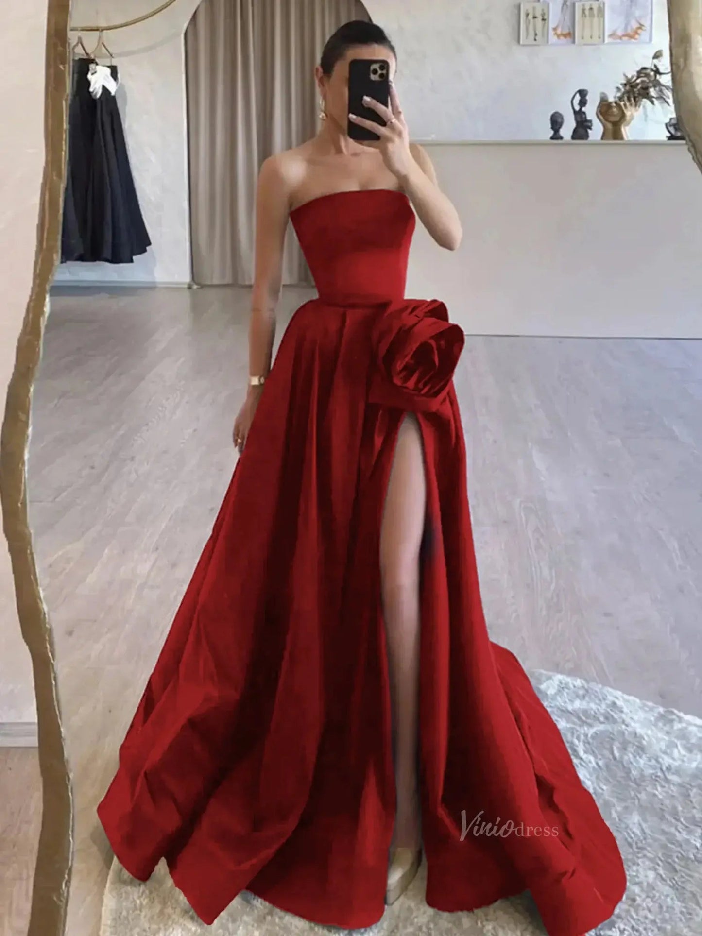 Black Satin Prom Dresses 2025 Strapless Formal Dress with High Slit & 3D Flower FD5239 - Viniodressprom dressesBurgundyCustom Size - Formal Dresses - Ball Gowns