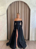 Black Satin Prom Dresses 2025 Strapless Formal Dress with High Slit, 3D Flower & Glove FD5238