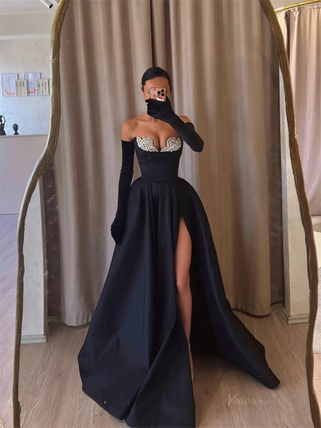 Black Satin Prom Dresses 2025 Strapless Formal Dress with High Slit & Glove FD5237