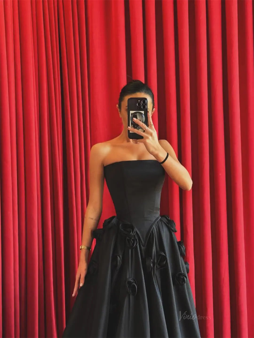 Black Satin Prom Dresses 2025 Strapless Formal Gown with 3D Flower FD5234 - Viniodressprom dressesBlackCustom Size - Formal Dresses - Ball Gowns