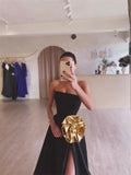 prom dresses 2025-to impress Black Satin Prom Dresses 2025 Strapless Formal Gown with High Slit FD5247-plus size wedding dresses Viniodress-Black-Custom Size-