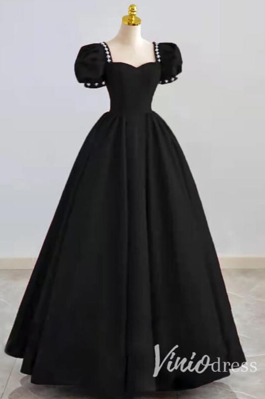 Prom Dress 2025 Black Satin Prom Dresses Puffed Sleeve Formal Gown FD3244-unique prom dresses-Black-Custom Size-Viniodress