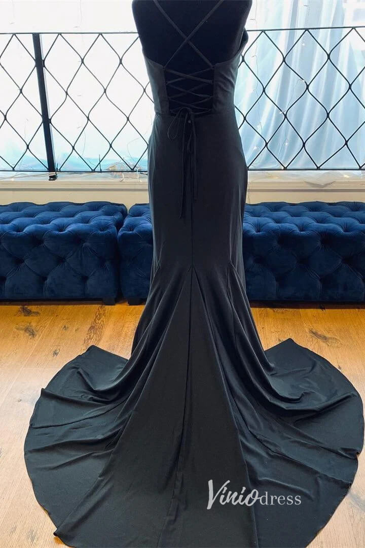 Prom Dress 2025 Black Satin Prom Dresses with Slit Mermaid Spaghetti Strap Formal Gown FD3289-unique prom dresses-Black-Custom Size-Viniodress