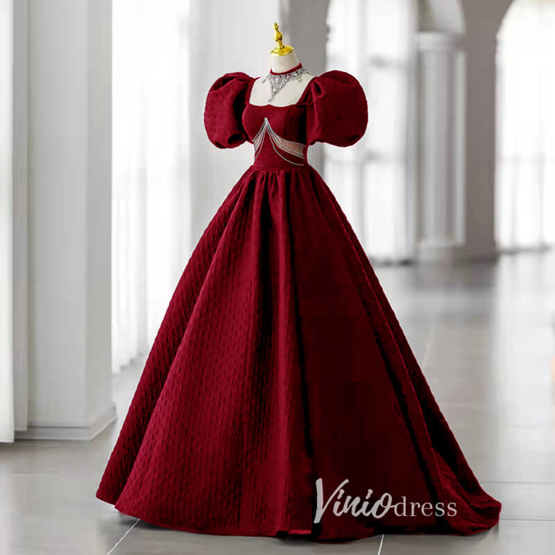 Prom Dress 2025 Black Satin Quinceanera Dresses Puffed Sleeve Prom Ball Gown FD3243-unique prom dresses-Burgundy-Custom Size-Viniodress