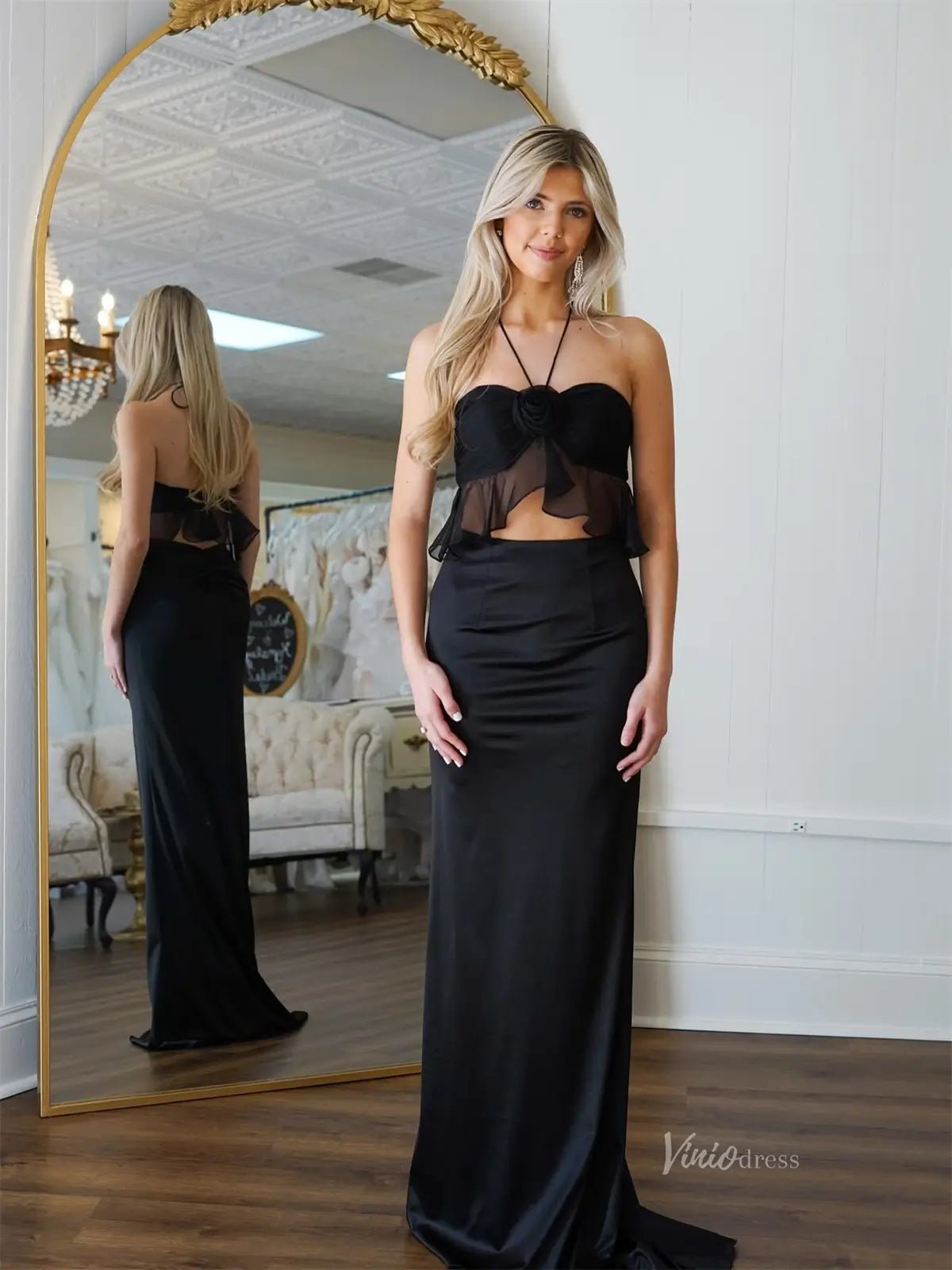 Black Satin Two - Piece Prom Dresses with Spaghetti Strap & 3D Flower - FD6004 - Viniodressprom dressesBlackCustom Size - Formal Dresses - Ball Gowns