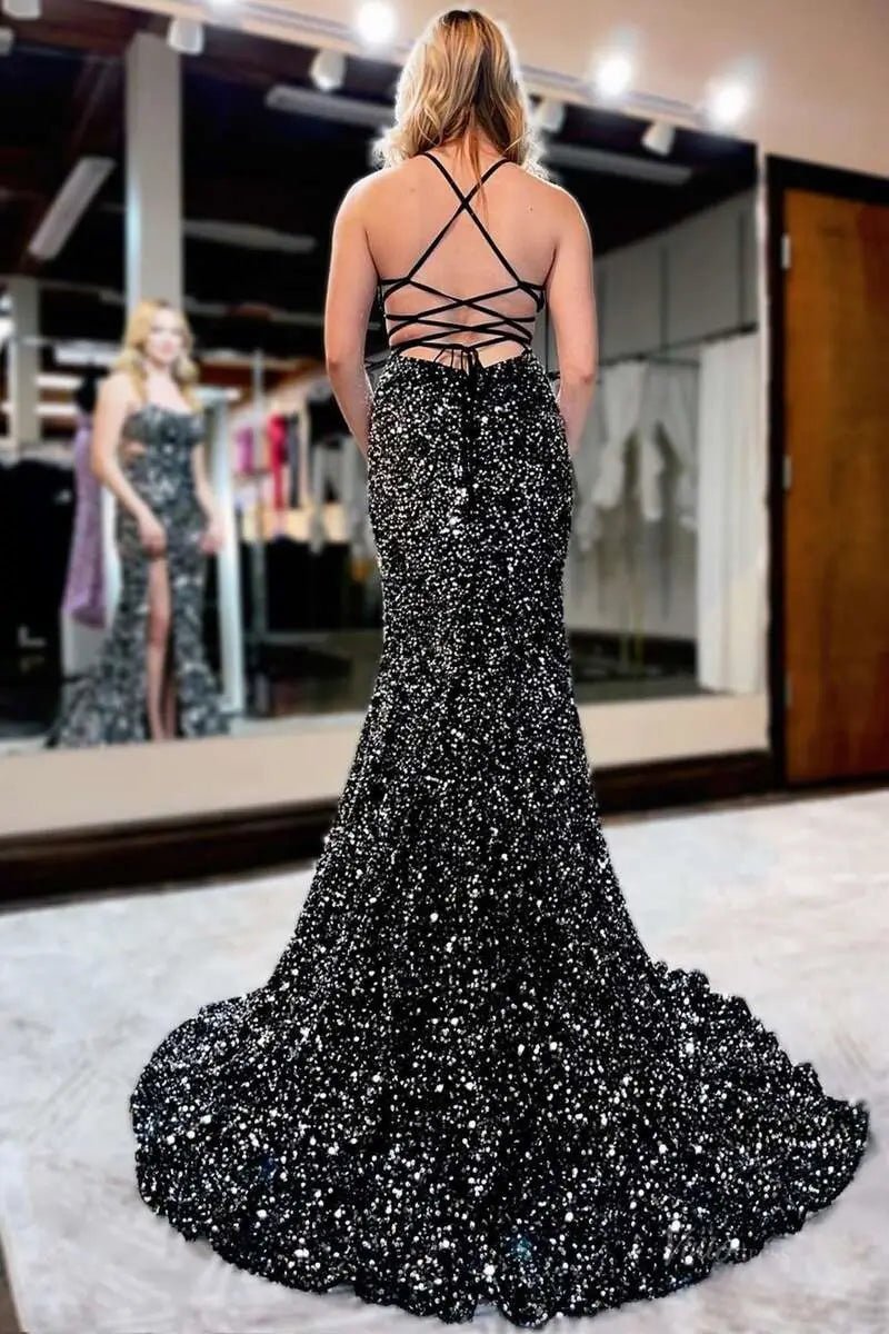 Black Sequin Mermaid Prom Dresses 2025 with Slit & Spaghetti Strap – FD5064 - Viniodressprom dressesBlackCustom Size - Formal Dresses - Ball Gowns