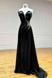 Black Shimmering Satin Prom Dresses 2025 with Sweetheart Neck & Beaded One Shoulder – FD5035