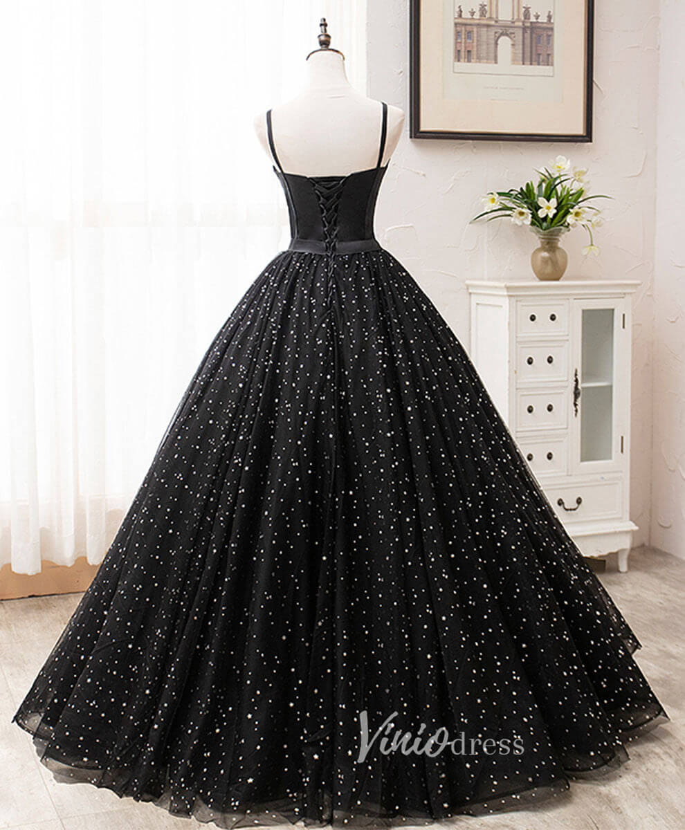 Prom Dress 2025 Black Spaghetti Strap Prom Dresses Starry Tulle Evening Dress FD3166-unique prom dresses-Black-Custom Size-Viniodress