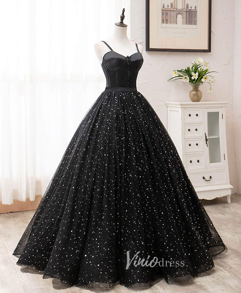 Prom Dress 2025 Black Spaghetti Strap Prom Dresses Starry Tulle Evening Dress FD3166-unique prom dresses-Black-Custom Size-Viniodress