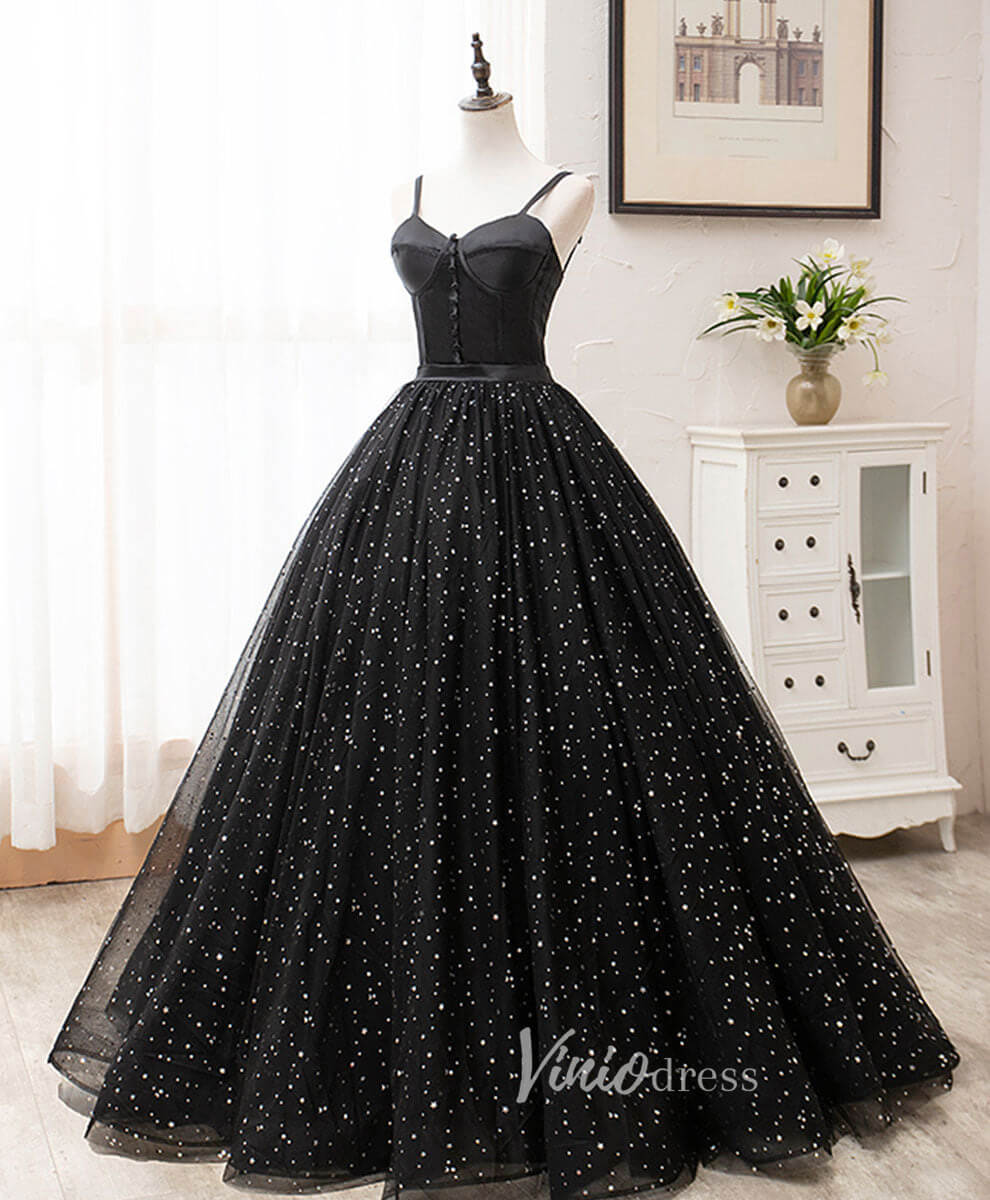 Prom Dress 2025 Black Spaghetti Strap Prom Dresses Starry Tulle Evening Dress FD3166-unique prom dresses-Black-Custom Size-Viniodress